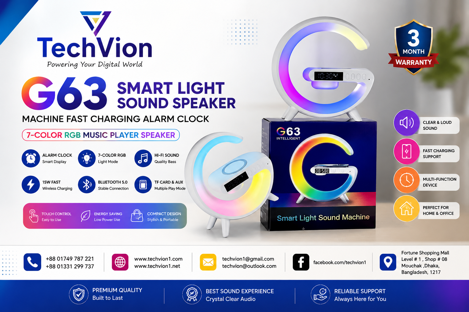 TechVion | G63 Smart Light Sound Speaker | Machine Fast Charging Alarm Clock 7-Color RGB Music Player Speaker | WARRANTY : 3 Month