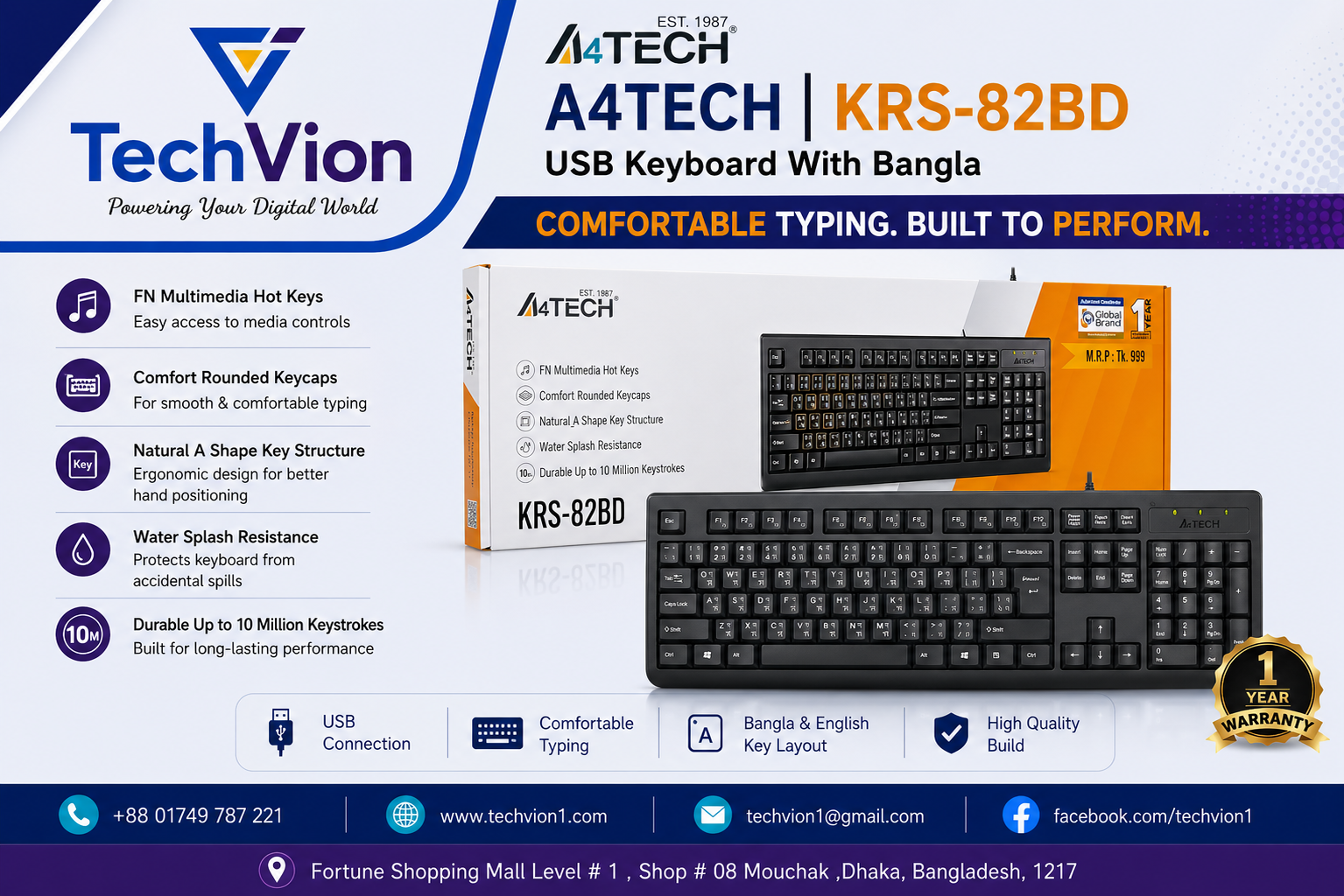 A4TECH | KRS-82BD | USB Keyboard With Bangla