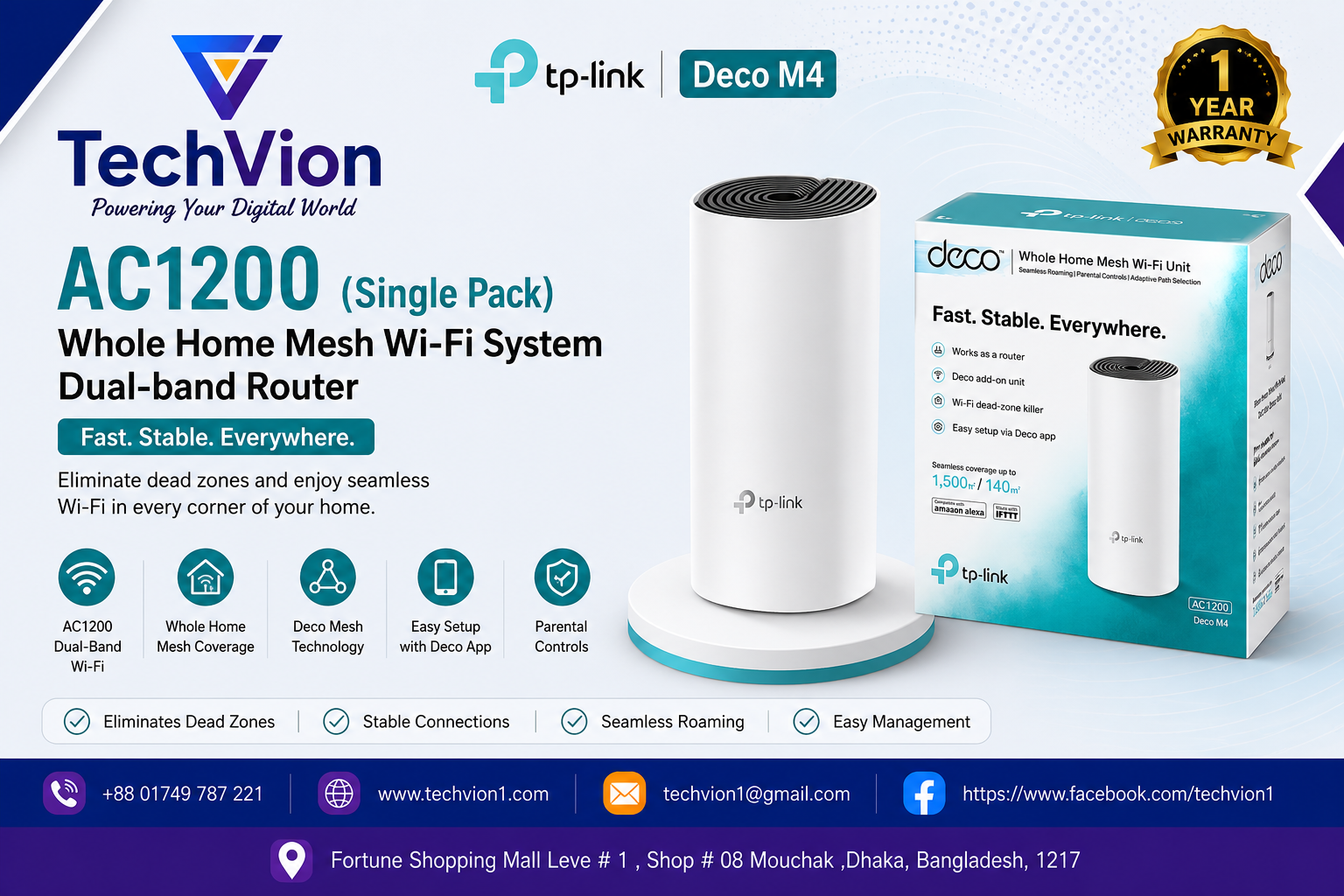 TP-Link | Deco M4 | AC1200 (Single pack) Whole Home Mesh Wi-Fi System Dual-band Router