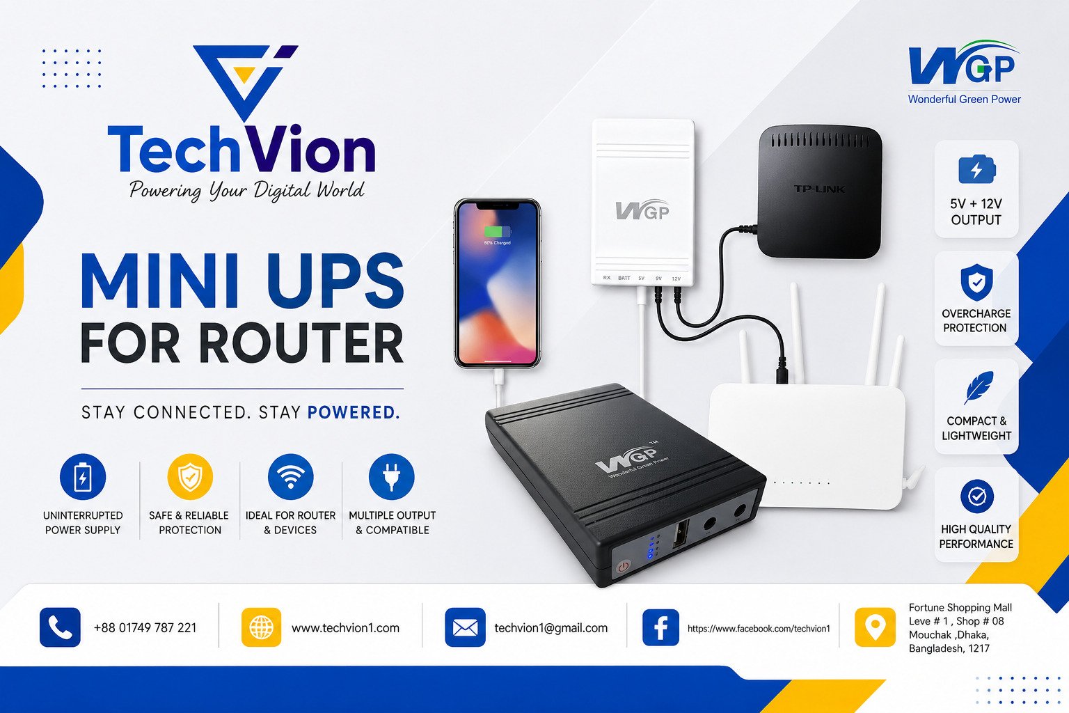 WGP MINI UPS 5V 12V 12 VOLT OUTPUT 10400MAH  FOR ROUTER, ONU, CC CAMERA BACKUP #  CSI/03 MONTHS
