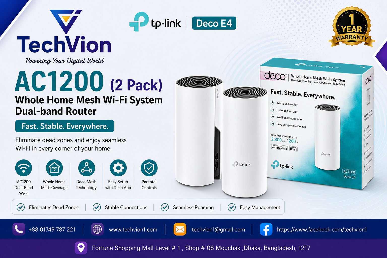 TP-Link | Deco E4 | AC1200 (2 Pack) Whole Home Mesh Wi-Fi System Dual-band Router