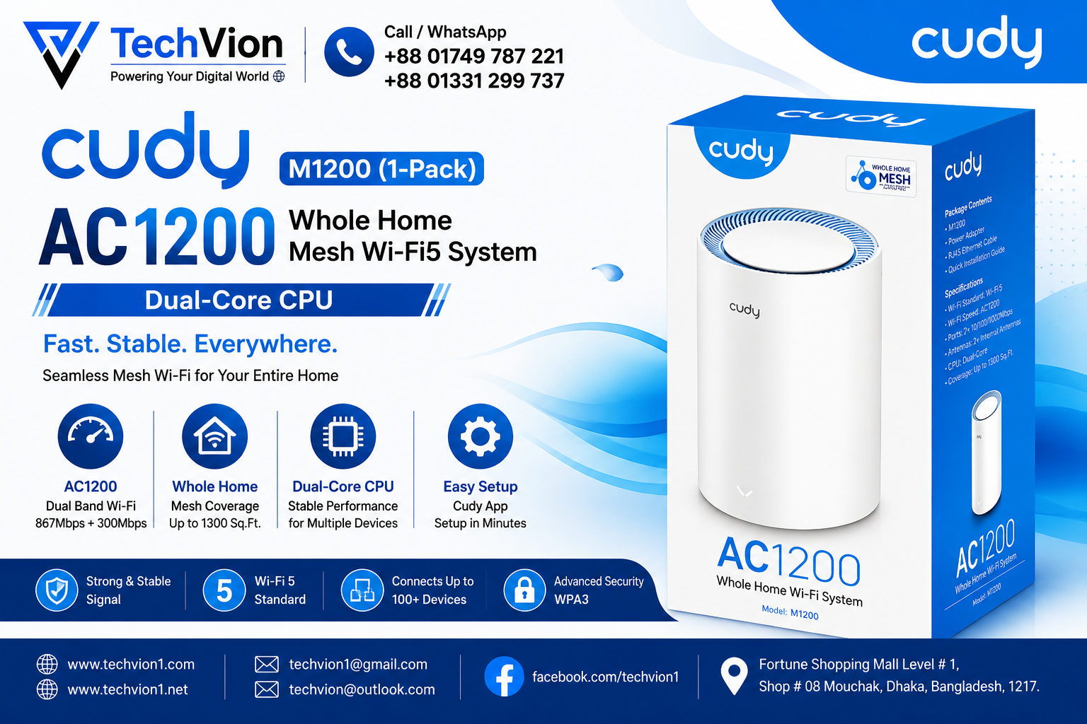 CUDY M1200(1-Pack) - AC1200 Whole Home Mesh Wi-Fi5 System, Dual-Core CPU |