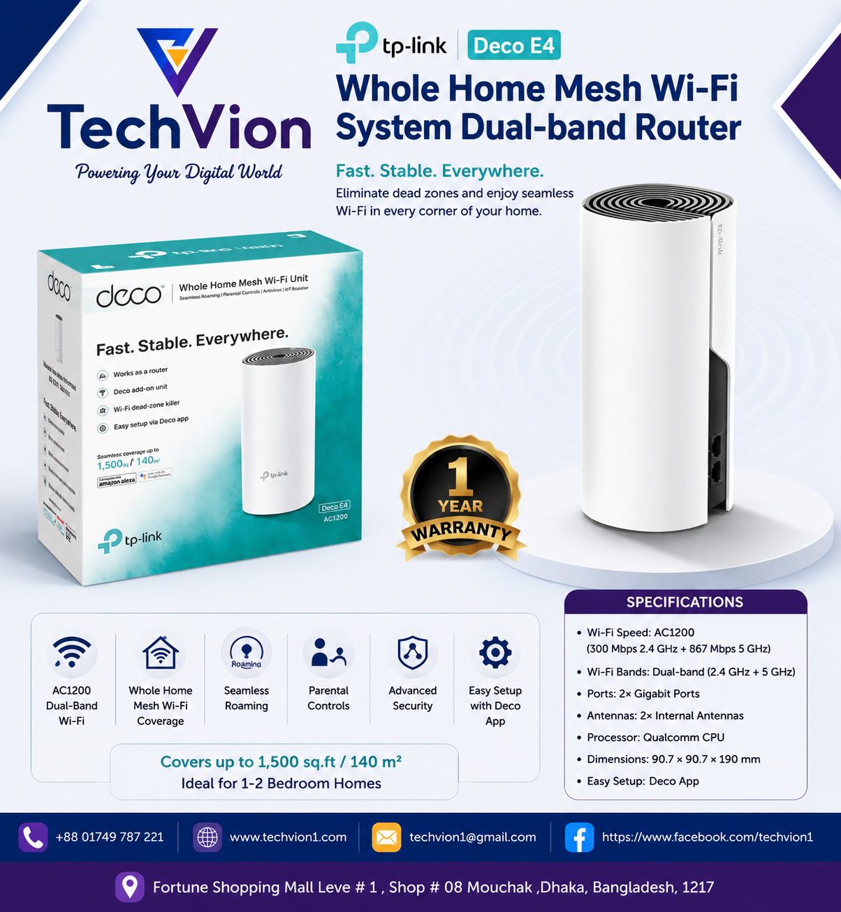 TP-Link | Deco E4 | AC1200 Whole Home Mesh Wi-Fi System Dual-band Router