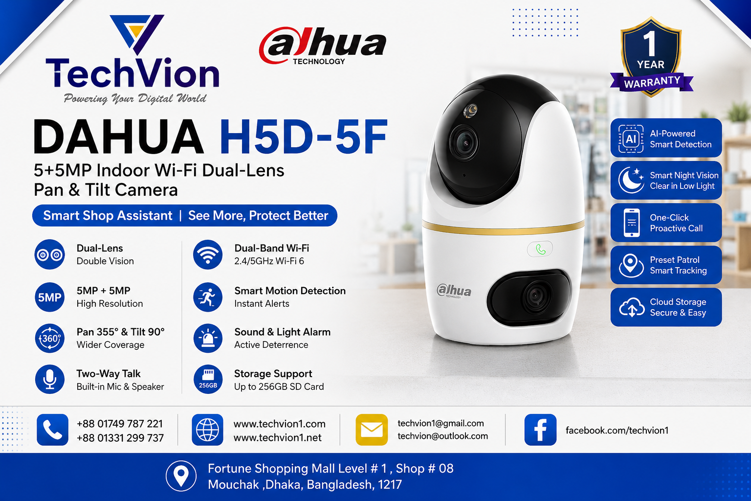DAHUA | IP CAMERA | H5D-5F 5+5MP Indoor Wi-Fi Dual-Lens Pan & Tilt Camera  | WARRANTY : 1 YEARS # Talk Pan/Tilt IP Camera