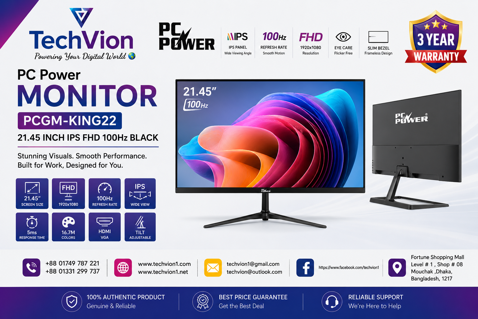 PC Power | MONITOR | PCGM-KING22 | 21.45 INCH IPS FHD 100Hz BLACK | 3 Year Warranty