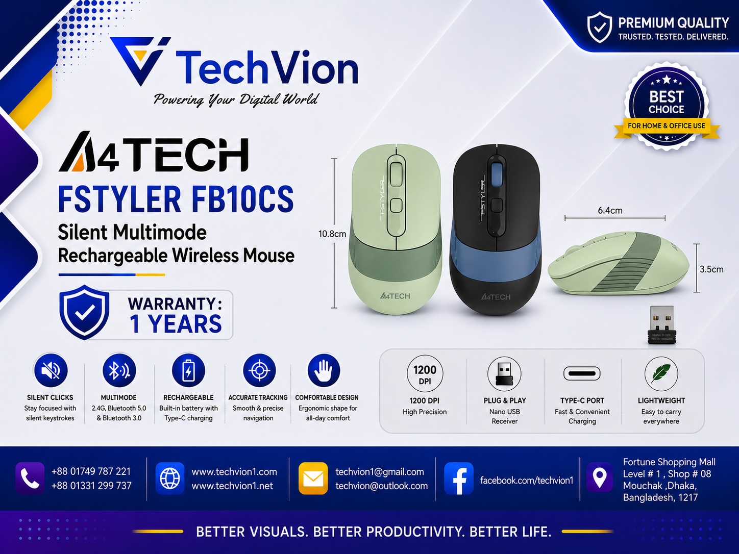 A4TECH | FSTYLER FB10CS | Silent Multimode Rechargeable Wireless Mouse | WARRANTY : 1 YEARS