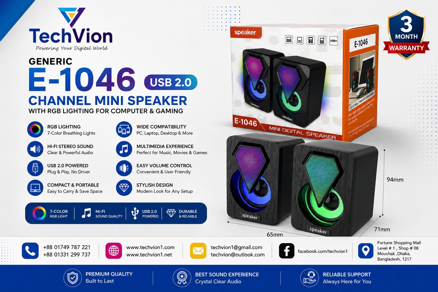 TechVion | Generic E-1046 USB 2.0 |Channel Mini Speaker with RGB Lighting for Computer and Gaming