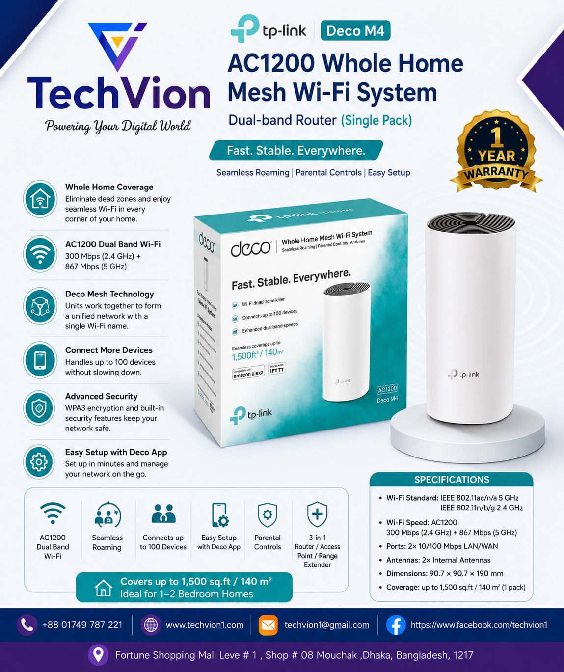 TP-Link | Deco M4 | AC1200 (Single pack) Whole Home Mesh Wi-Fi System Dual-band Router
