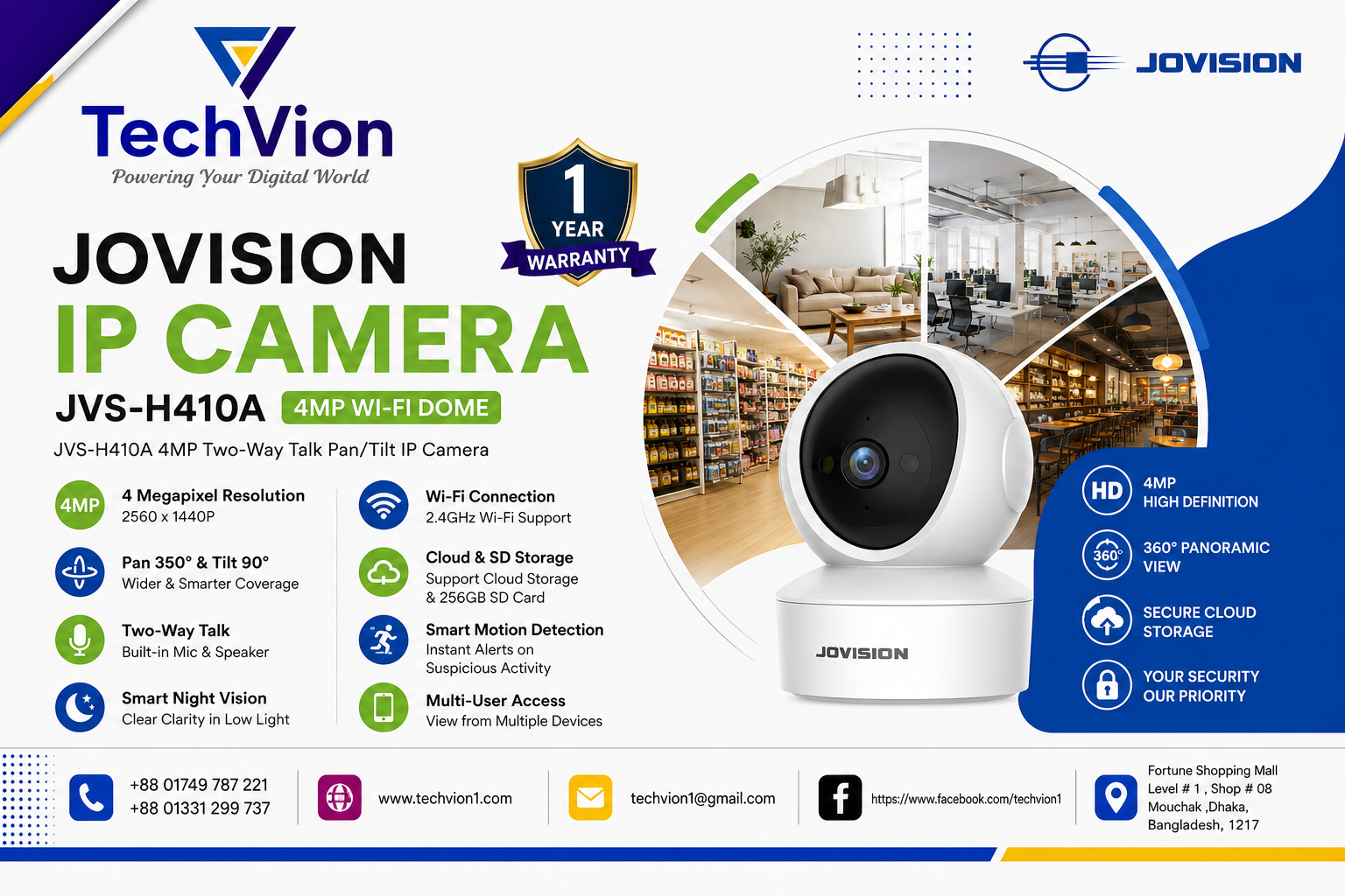 Jovision | IP CAMERA| JVS-H410A 4MP WI-FI DOME | WARRANTY : 1 YEARS # JVS-H410A 4MP Two-Way Talk Pan/Tilt IP Camera