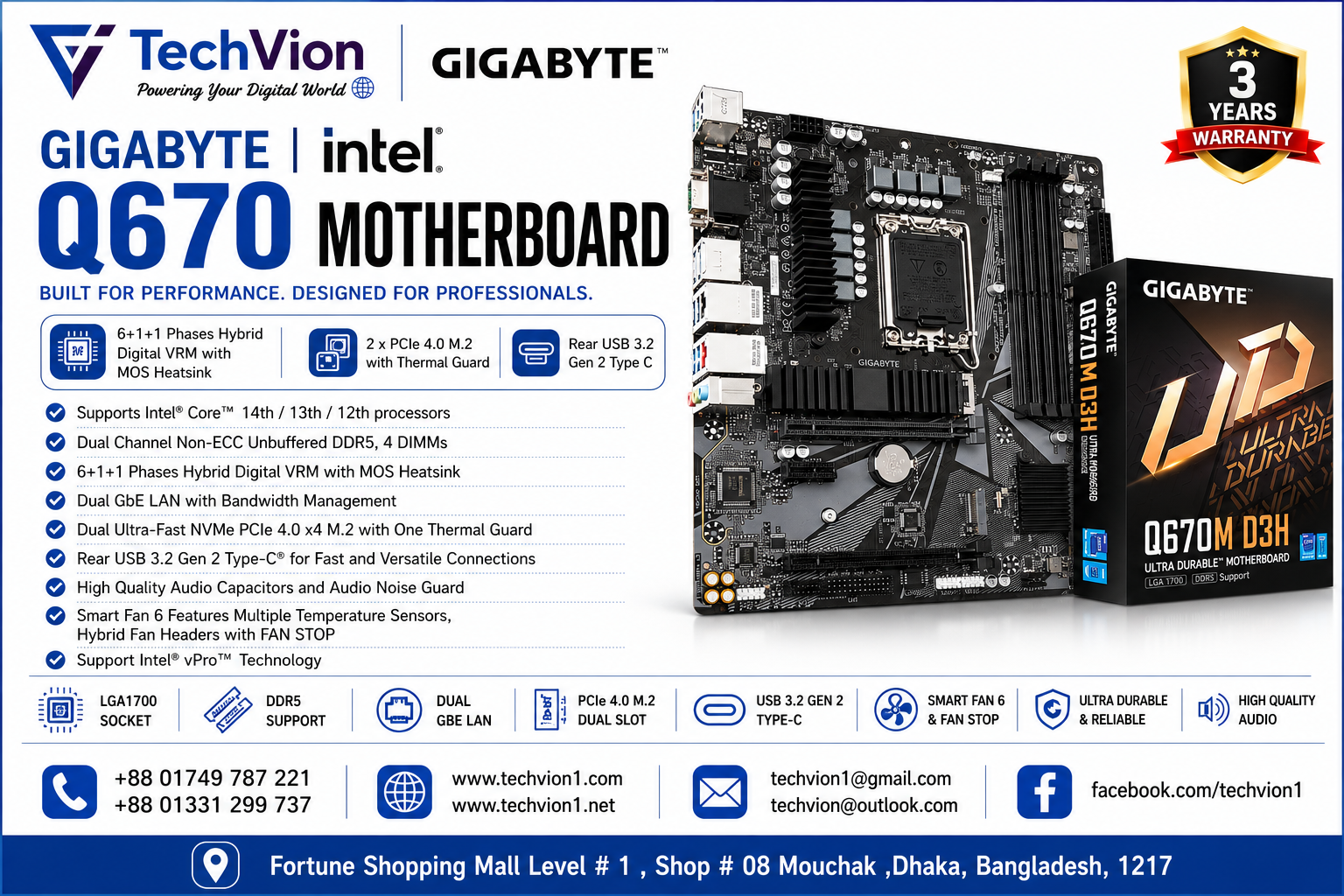 Gigabyte | ntel® Q670 Motherboard with 6+1+1 Phases Hybrid Digital VRM with MOS Heatsink | Motherboard | 2 x PCIe 4.0 M.2 with Thermal Guard, Dual Intel GbE LAN, Rear USB 3.2 Gen 2 Type C