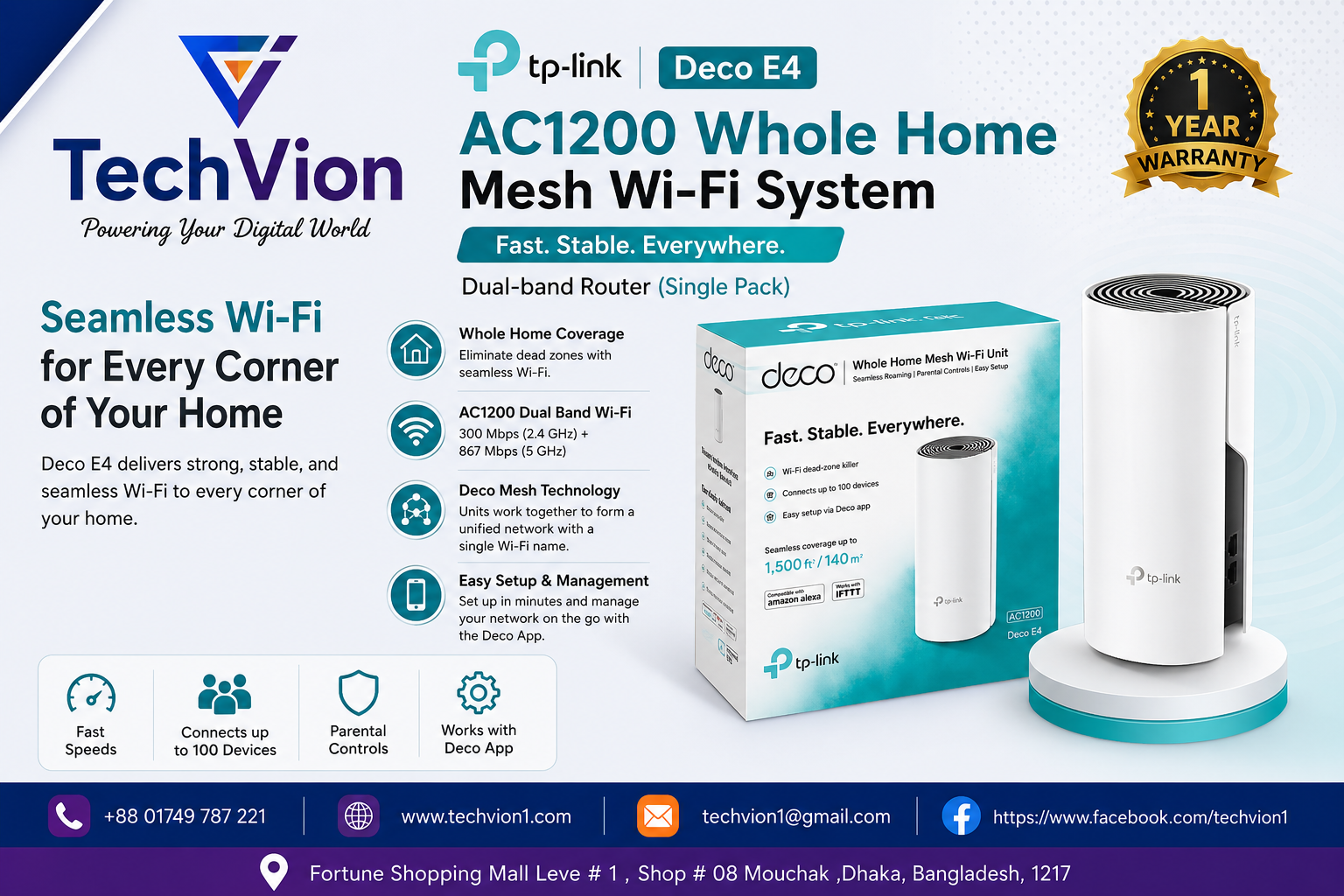 TP-Link | Deco E4 | AC1200 (Single pack) Whole Home Mesh Wi-Fi System Dual-band Router