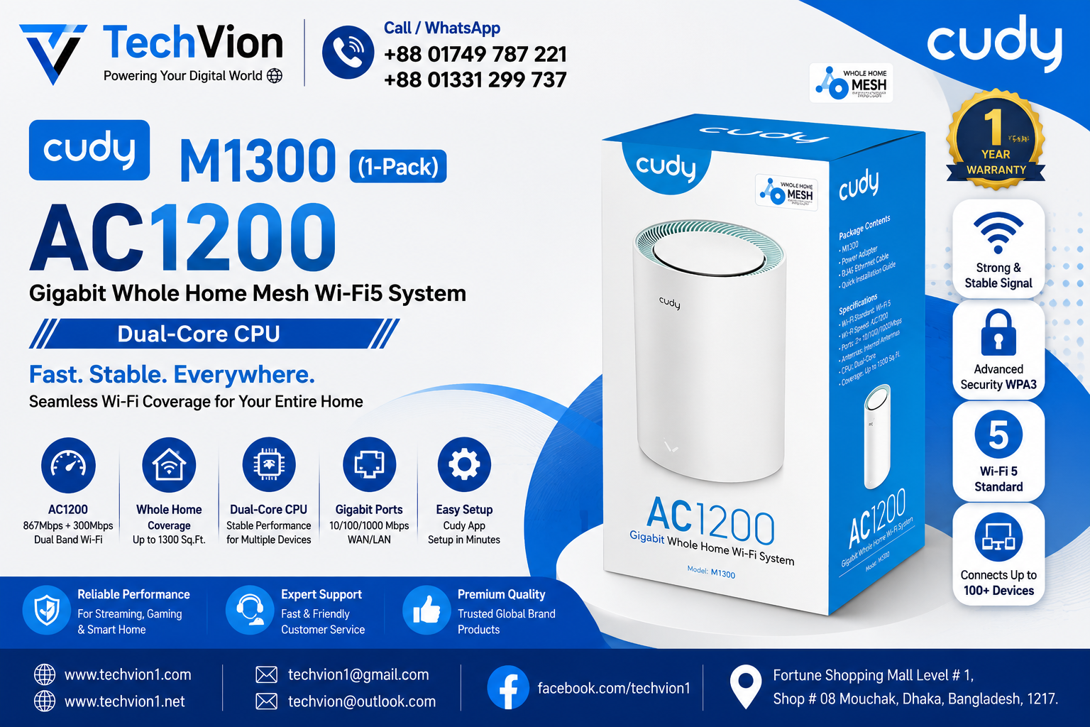 CUDY M1300(1-Pack)- AC1200 Gigabit Whole Home Mesh Wi-Fi5 System,Dual-Core CPU