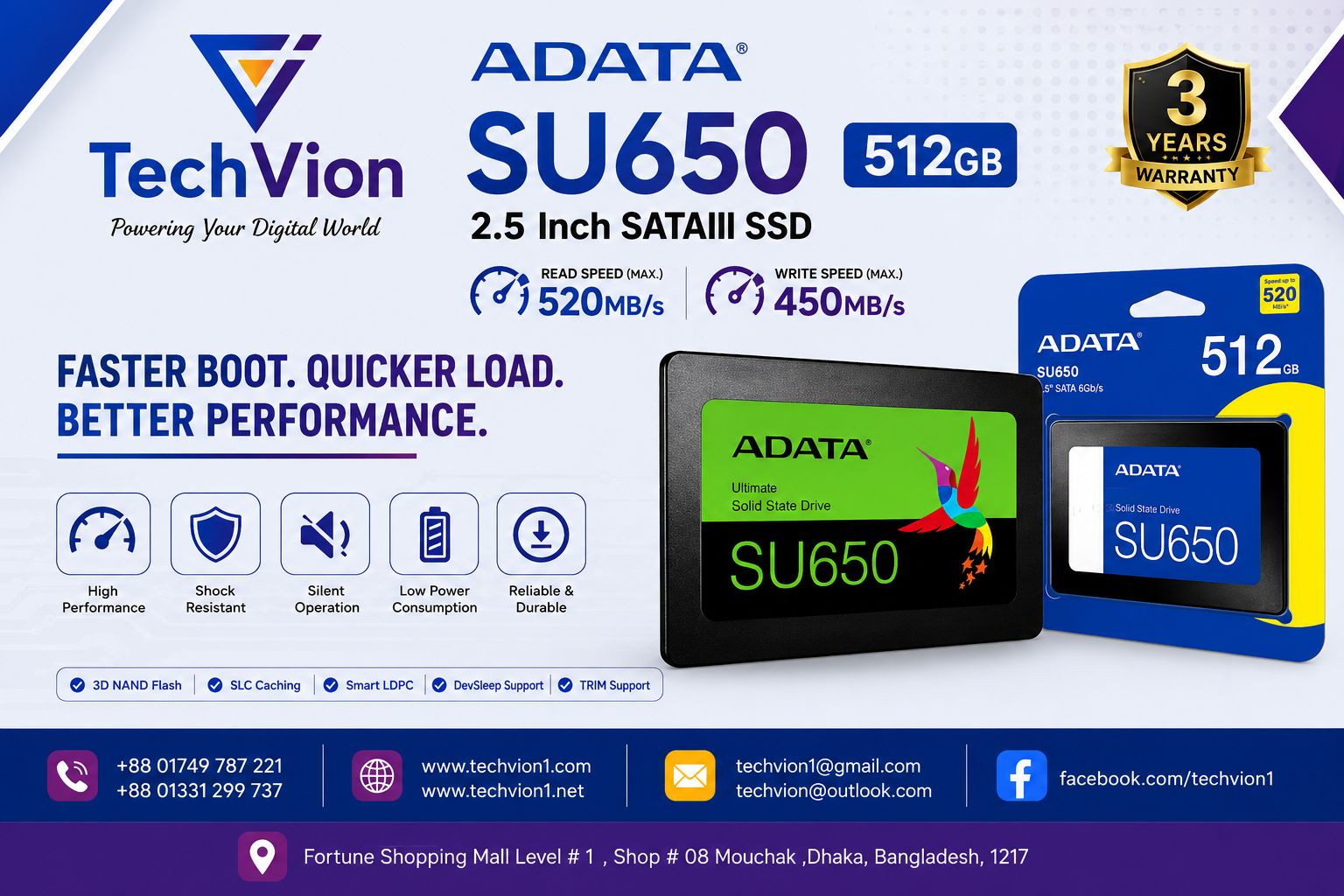 ADATA | SU650 512GB | 2.5 Inch SATAIII SSD | Read Speed (Max.) - 520MB/s Write Speed (Max.) - 450MB/s | WARRANTY : 3 YEARS