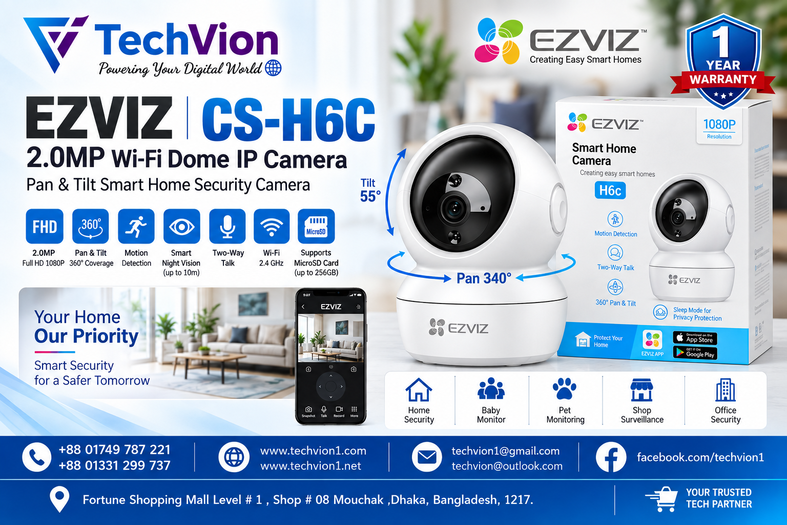 EZVIZ  | CS-H6C 2.0MP | Wi-Fi Dome IP Camera # CS-H6c Pan & Tilt Smart Home Security Camera